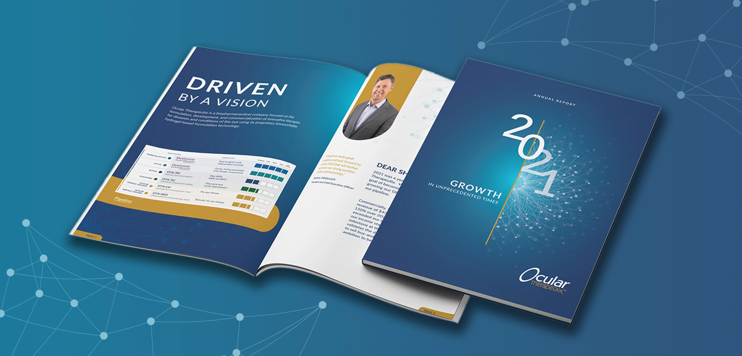 Annual Report design services for a biopharmaceutical company focused on innovative therapies for diseases and conditions of the eye